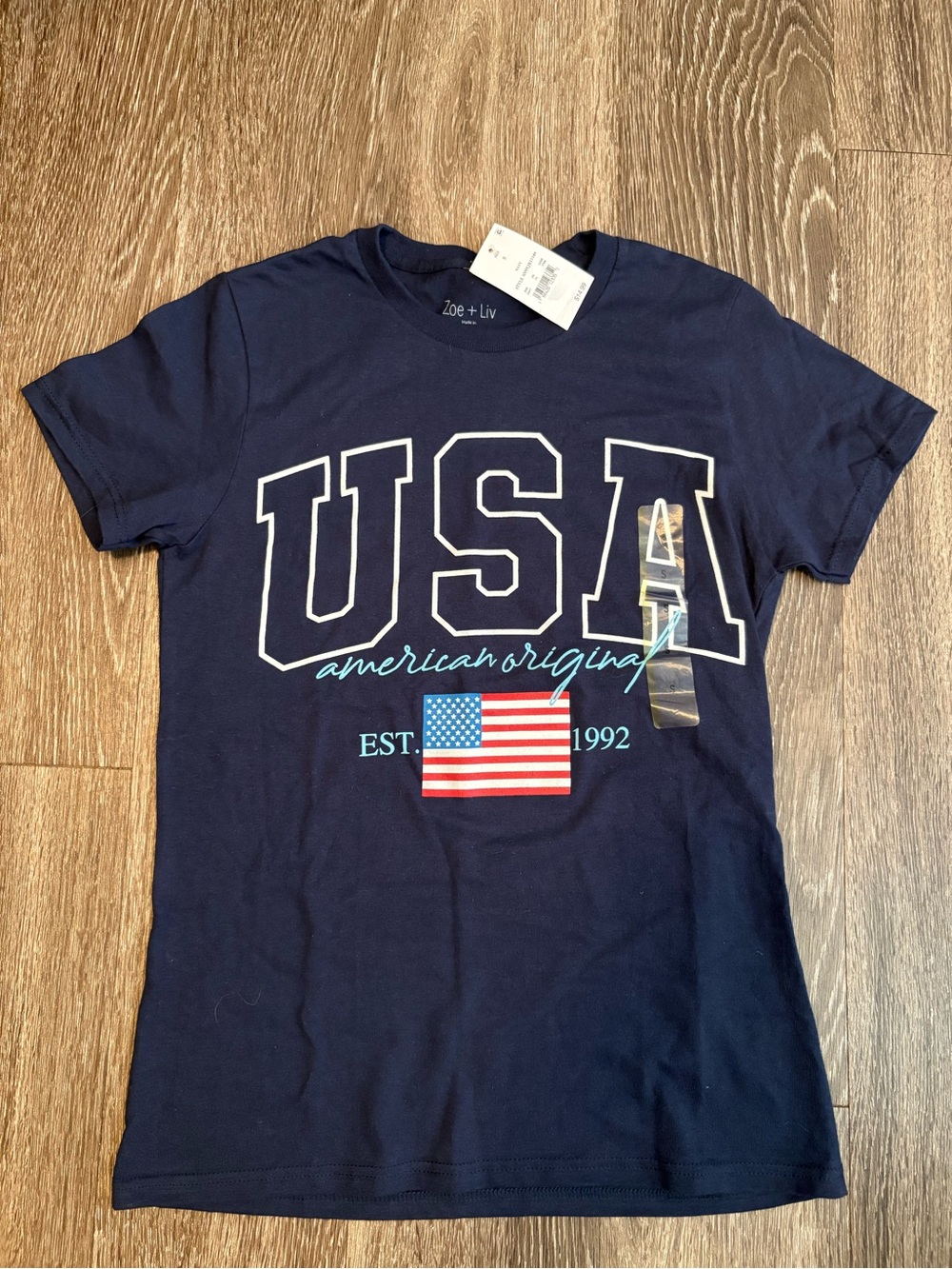 Zoe + Liv Navy Short Sleeve USA Graphic Tee with Flag Accent